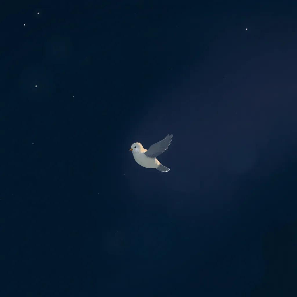 A small bird flying through the dark night sky, looking lost, with stars shining brightly, illustration, moody, soft light, emotional, high quality