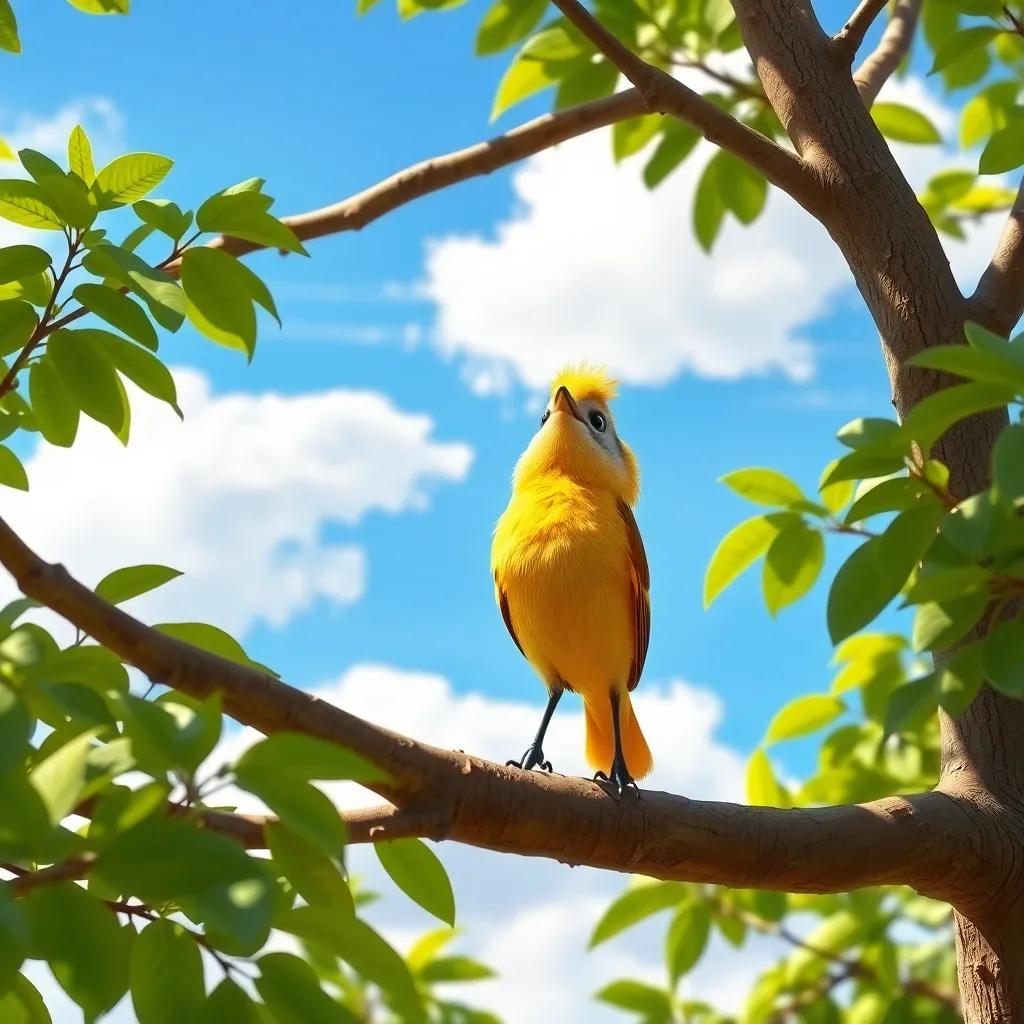 A small bird, Rami, with bright yellow feathers, sitting on a branch of a green tree, looking up at a blue sky with fluffy white clouds, cheerful, nature scene, vibrant colors, high quality