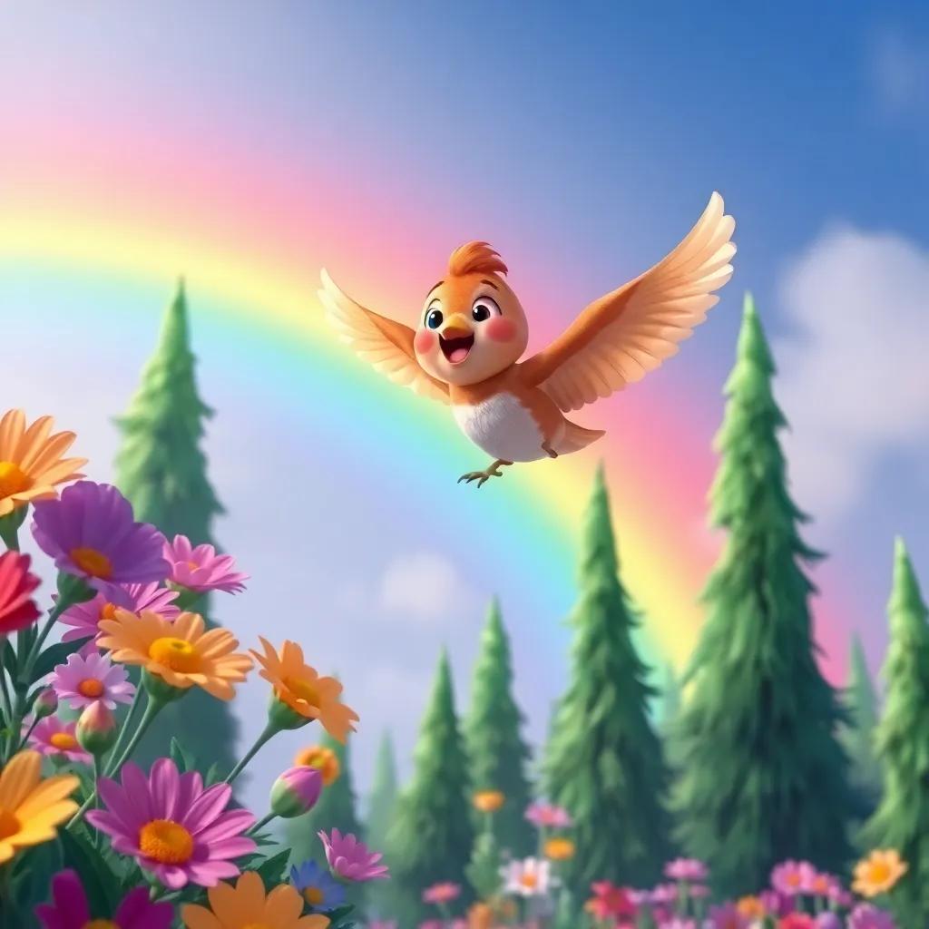 Rami the little bird soaring high above colorful flowers and tall green trees, with a rainbow in the background, feeling excited and free, digital art, bright colors, whimsical atmosphere, high quality