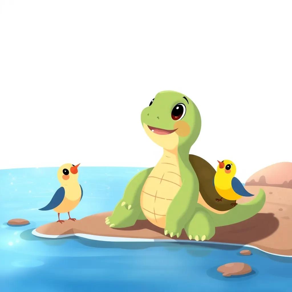A friendly turtle, Tala, sitting by a sparkling blue lake, with Rami the little bird nearby, playing together in a joyful scene, illustration, soft colors, friendly vibe, high quality