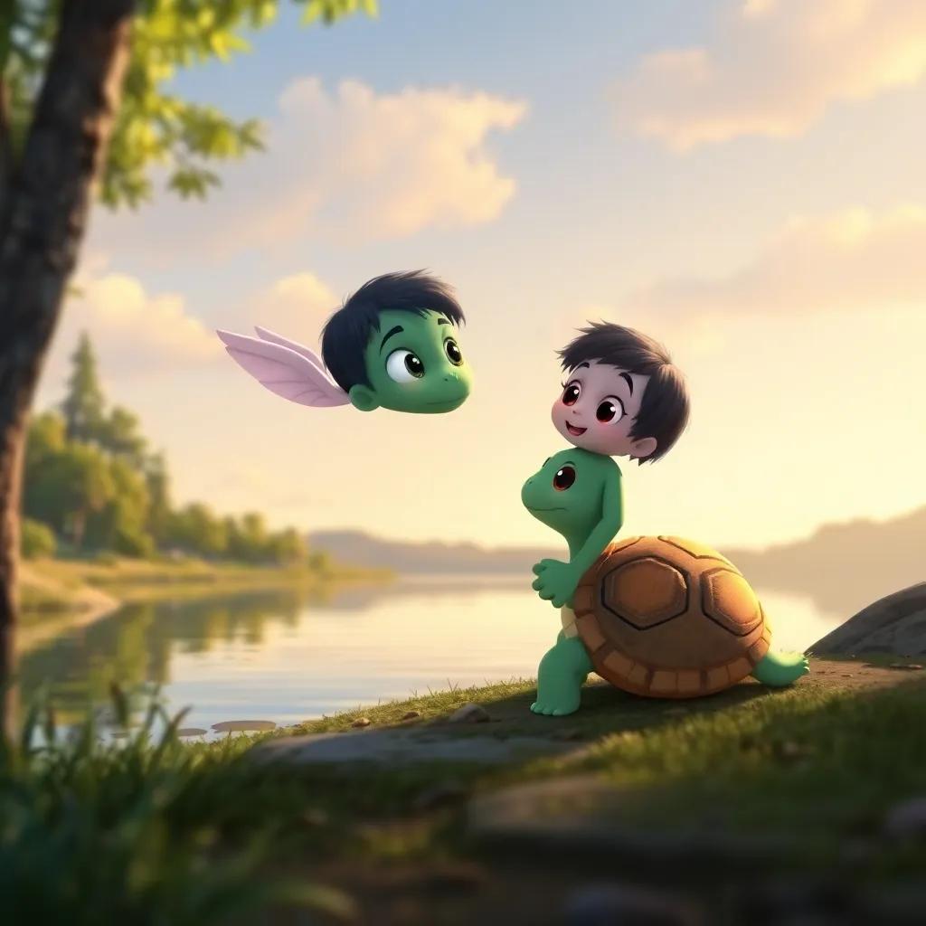 Rami saying goodbye to Tala the turtle, waving his little wing, with the lake and trees in the background, feeling happy and grateful for their time together, heartwarming, colorful, high quality