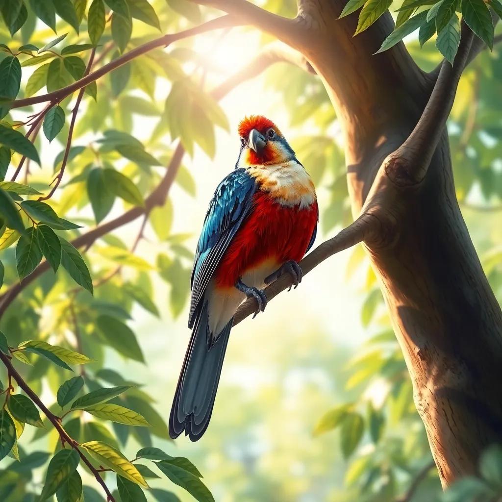 A beautiful bird sitting on a tall tree, looking proud with shiny feathers and vivid colors, soft sunlight filtering through the leaves, vibrant colors, cheerful atmosphere, high quality