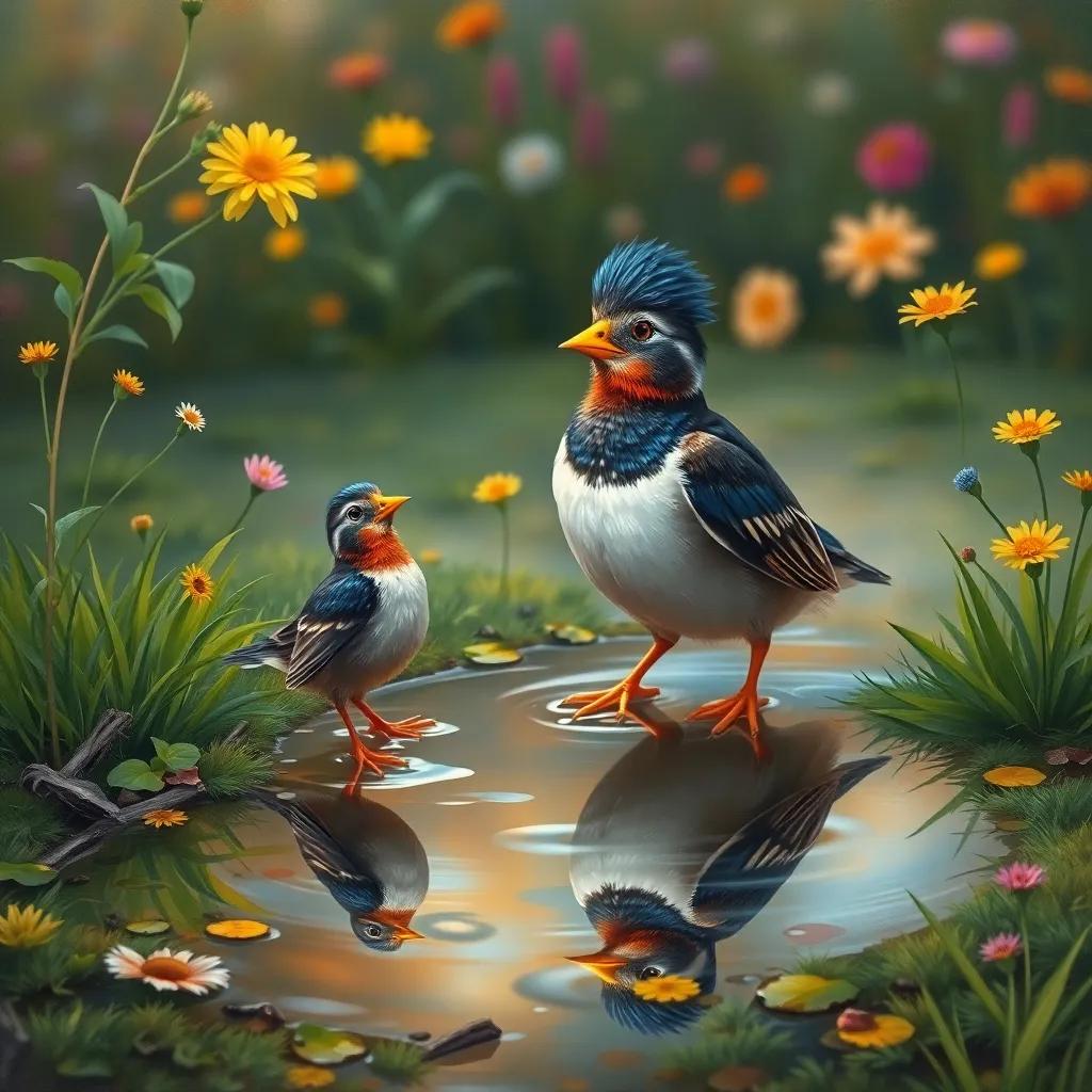 A proud bird looking at itself in a water puddle, surrounded by green grass and flowers, surprised expression, reflection in water, warm lighting, colorful, whimsical setting, high quality
