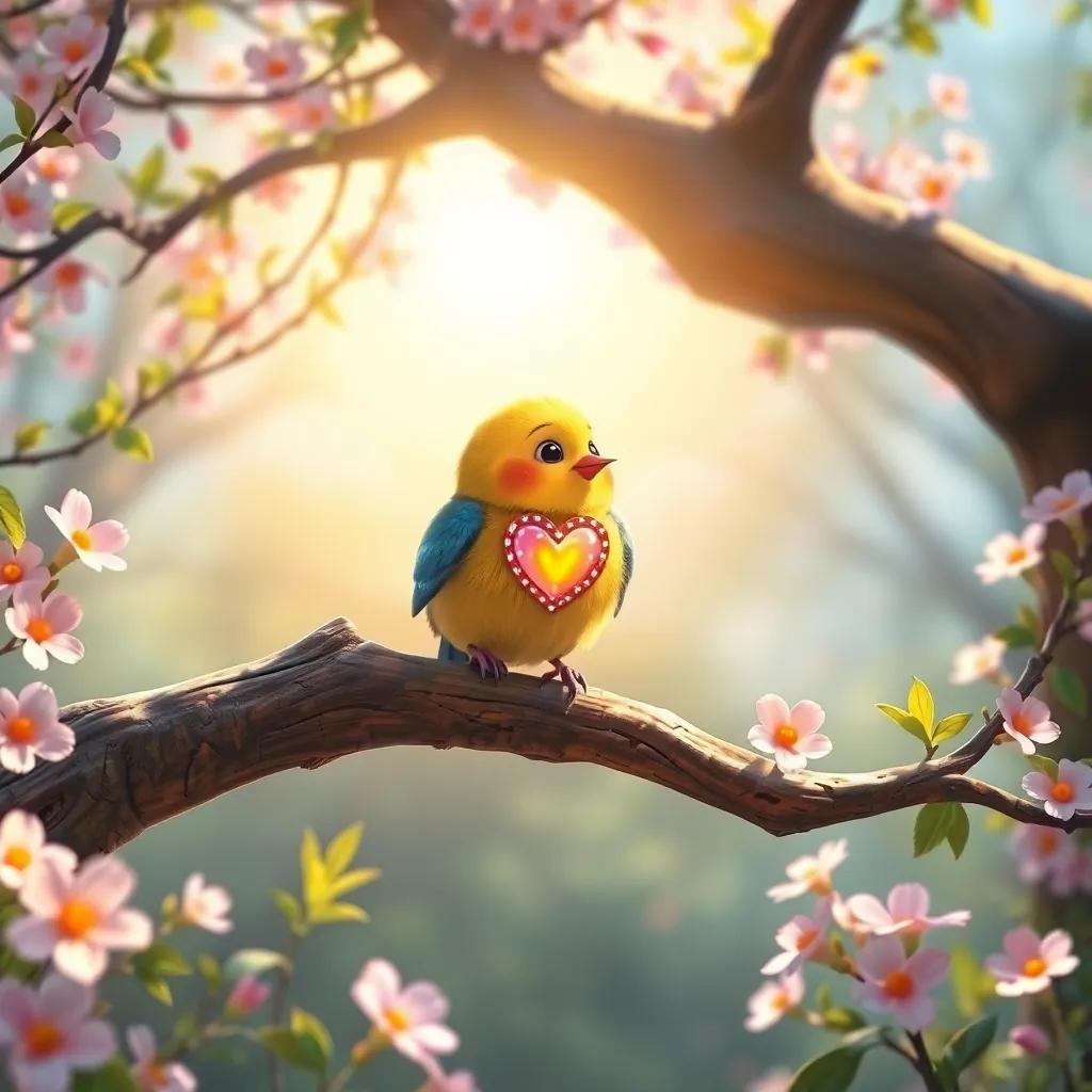 A small bird named Nouri, a bright and colorful bird with a gleaming heart, sitting on an old tree branch in a quiet forest, surrounded by blooming flowers and sunlight, cheerful atmosphere, digital art, vibrant colors, high quality
