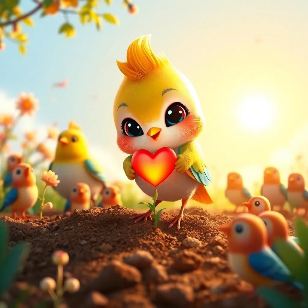 Nouri, a small bird with a shining heart, planting seeds in a sunny garden surrounded by other birds, depicting hope, bright colors, warm light, child-friendly, cheerful composition, high quality