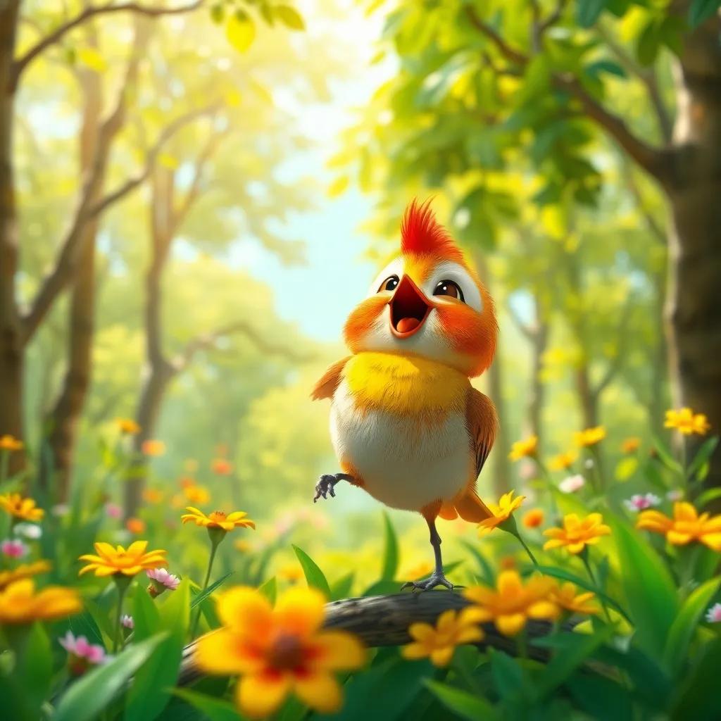 A small bird named Zizo, chirping joyfully in a sunny forest, surrounded by green trees and bright flowers, digital art, vibrant colors, cheerful atmosphere, high quality