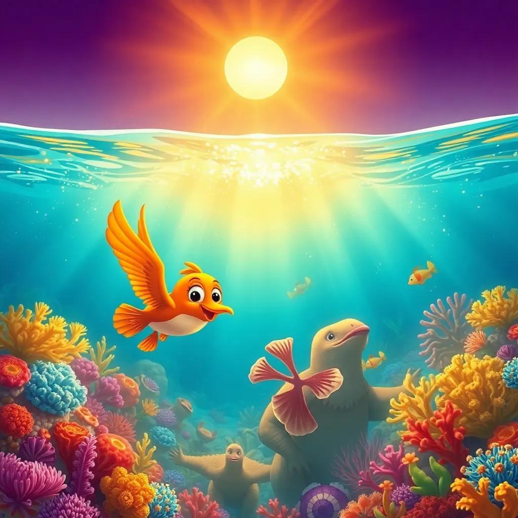 A beautiful golden sea sparkling under the sun, Zizo the bird diving happily into the water, colorful corals and treasures visible beneath the surface, illustration, enchanting, vibrant, child-friendly