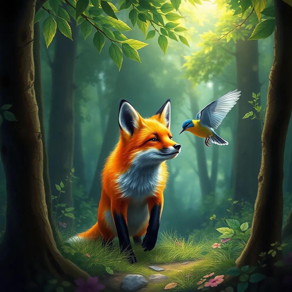 A cunning fox, with bright orange fur, sneaking up to the singing bird, under a lush green canopy in the forest, digital painting, vibrant colors, sneaky ambiance, high quality