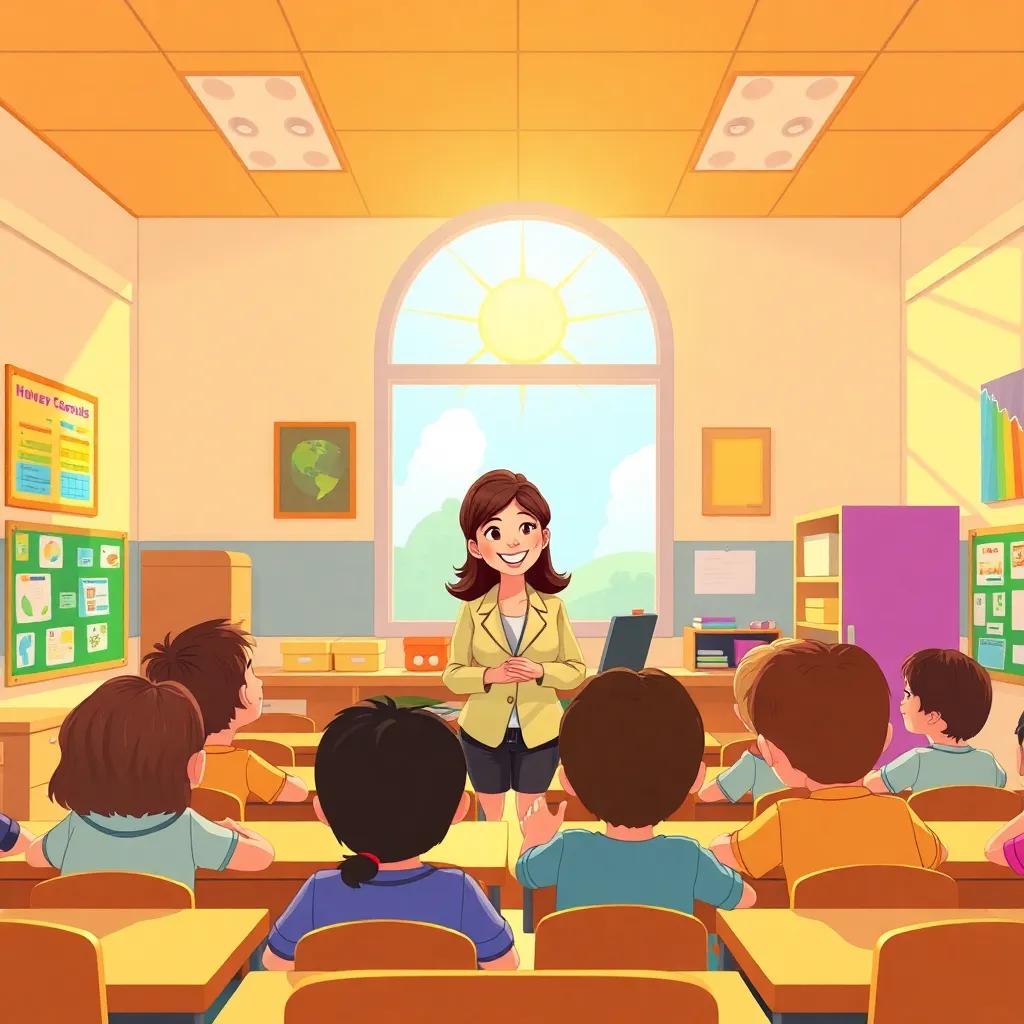 A cheerful classroom scene with a bright sun shining through the windows, a teacher smiling at the students, colorful charts on the walls, detailed illustration, lively colors, warm and inspiring atmosphere, high quality