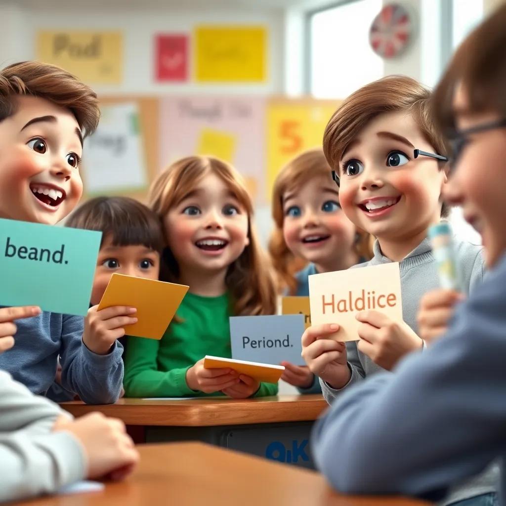 A close-up of students in the classroom excitedly discussing, each holding colorful cards with words, different expressions of joy and curiosity, digital art, vivid colors, engaging perspective, child-friendly