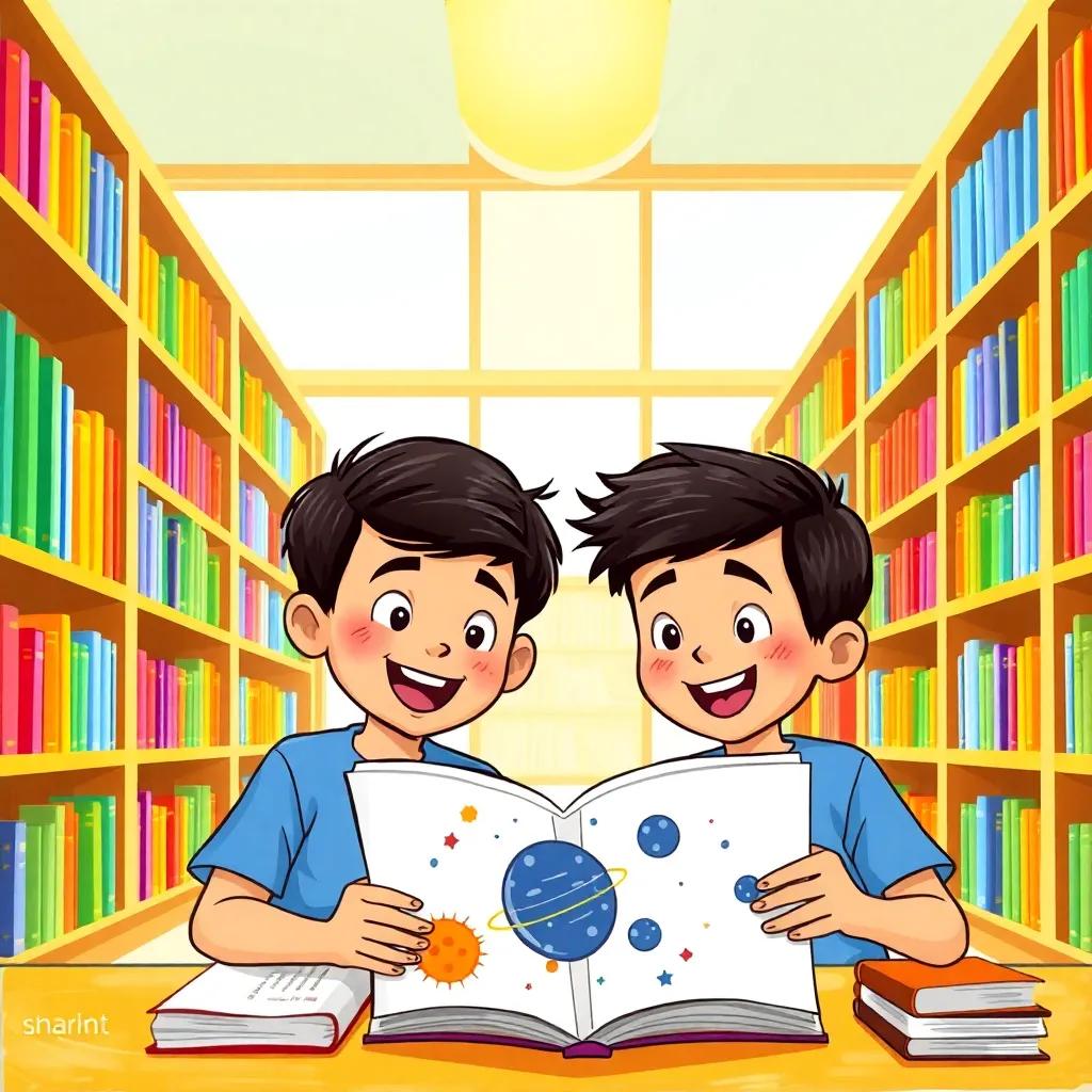 Two young Arab boys, Ali and Sami, with short dark hair wearing blue shirts, in a bright library filled with colorful books, excitedly looking at a book about space, illustration, cheerful and adventurous, child-friendly