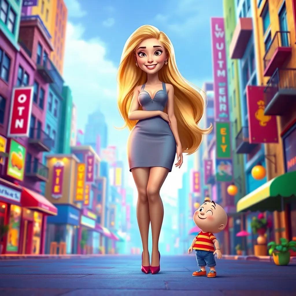 A giant woman, Leila, with long blonde hair wearing a stylish dress and high heels, standing in a colorful city, cheerful and smiling down at a tiny man named Toby, vibrant colors, inviting atmosphere, happy feel, high quality