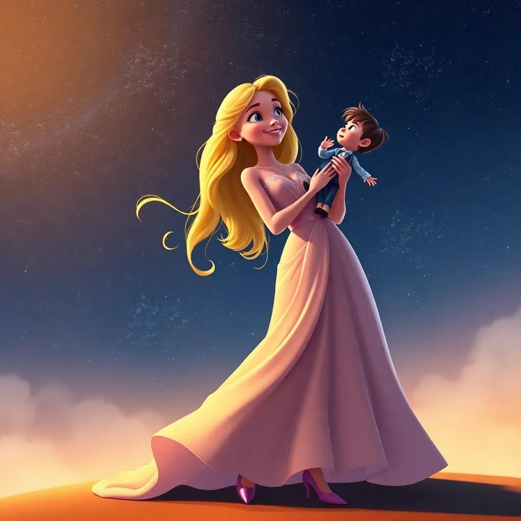A giant woman, Leila, with long blonde hair in a beautiful dress and high heels, playfully placing a tiny man Toby on her shoulder, under a starry night sky, whimsical scene, colorful and magical, warm light, child-friendly