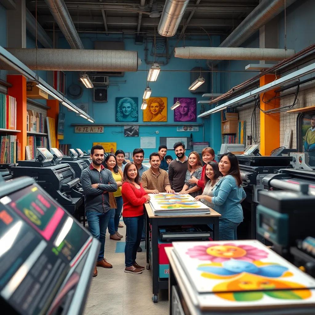 A vibrant printing workshop in Taiz City, with a group of people working together enthusiastically, bright colors and advanced printing machines all around, digital art, colorful atmosphere, engaging environment, high quality