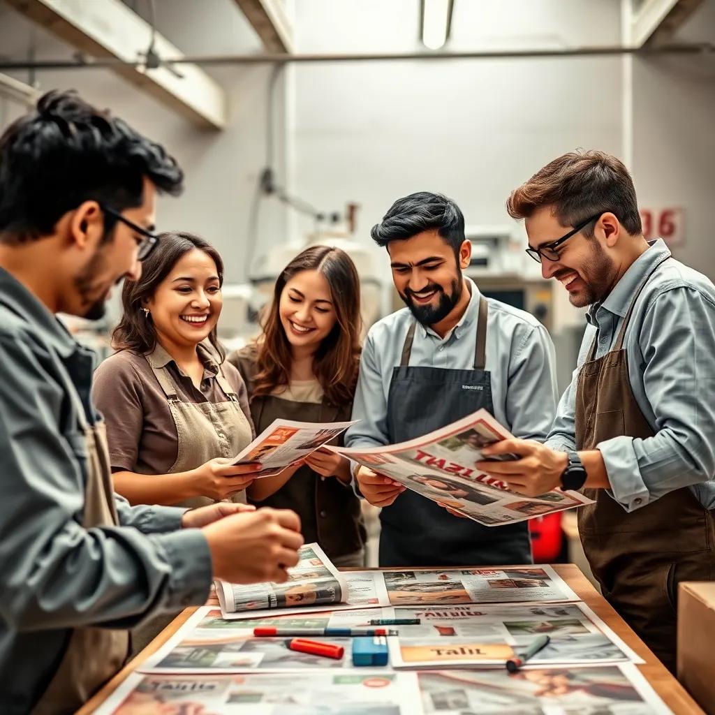 Talented workers at the Taiz printing workshop collaborating together, creating beautiful advertisements with happiness, everyone smiling and sharing ideas, cheerful setting, bright light, friendly atmosphere, high quality