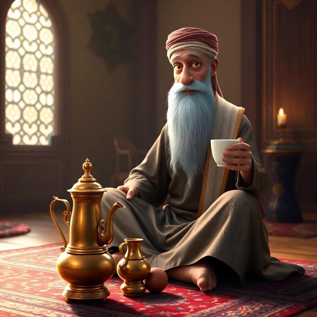 A tall, thin Arab man, Uncle Muslih, with a long white beard and warm eyes, sitting on a traditional ornate rug next to a brass coffee pot, holding a traditional coffee pitcher in one hand and a small cup in the other, warm light, inviting atmosphere, detailed digital art, high quality