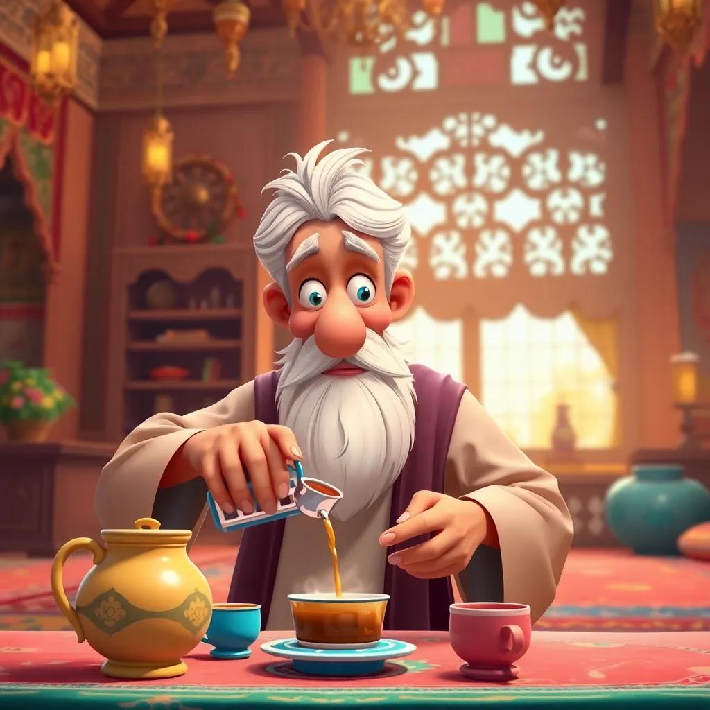 Uncle Muslih, a tall thin Arab man with a long white beard and warm eyes, pouring coffee into small cups for family and friends, surrounded by a traditional Arab majlis with rich decorations and warm colors, cheerful, vibrant, child-friendly