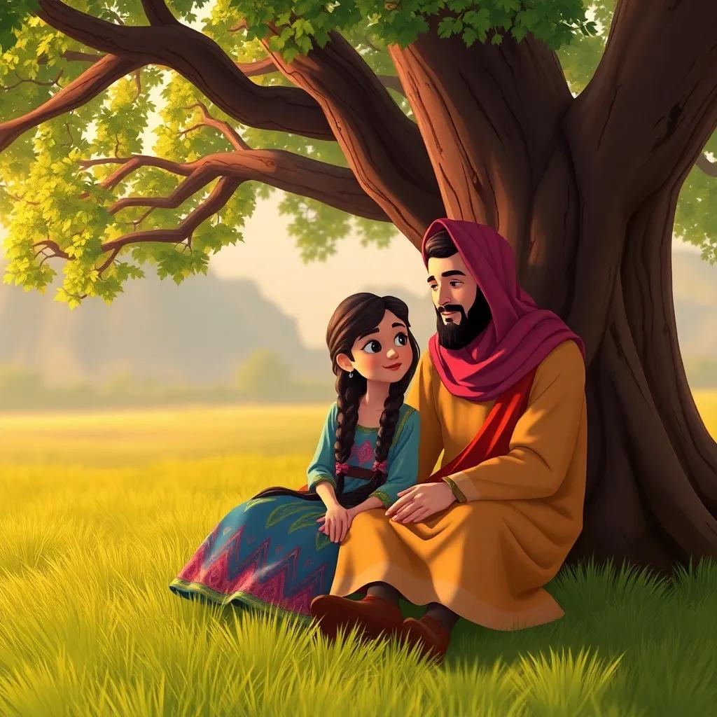 A young Arab girl, Leila, with long, braided hair wearing a colorful dress, sitting under a large tree with Sami, who is sharing a heartfelt moment, gentle evening light, serene background, realistic illustration, emotional tone, high quality