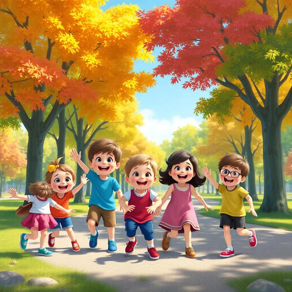 A group of happy children playing in a park, colorful trees around, bright sunny day, playful atmosphere, digital art, vibrant colors, cheerful mood, high quality