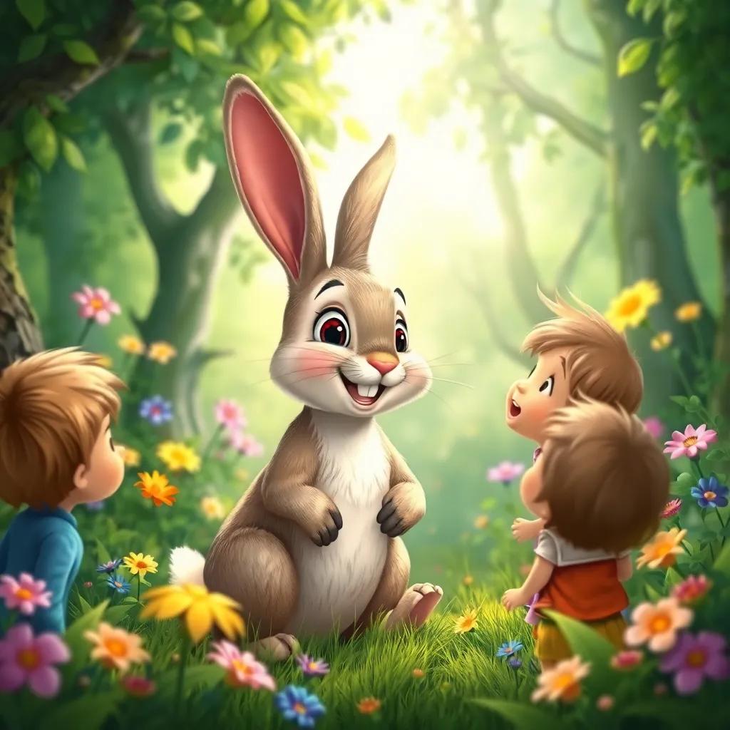 A friendly rabbit in a magical forest, talking to children with a nice smile, lush green background, colorful flowers, enchanting scene, whimsical, detailed illustration, child-friendly
