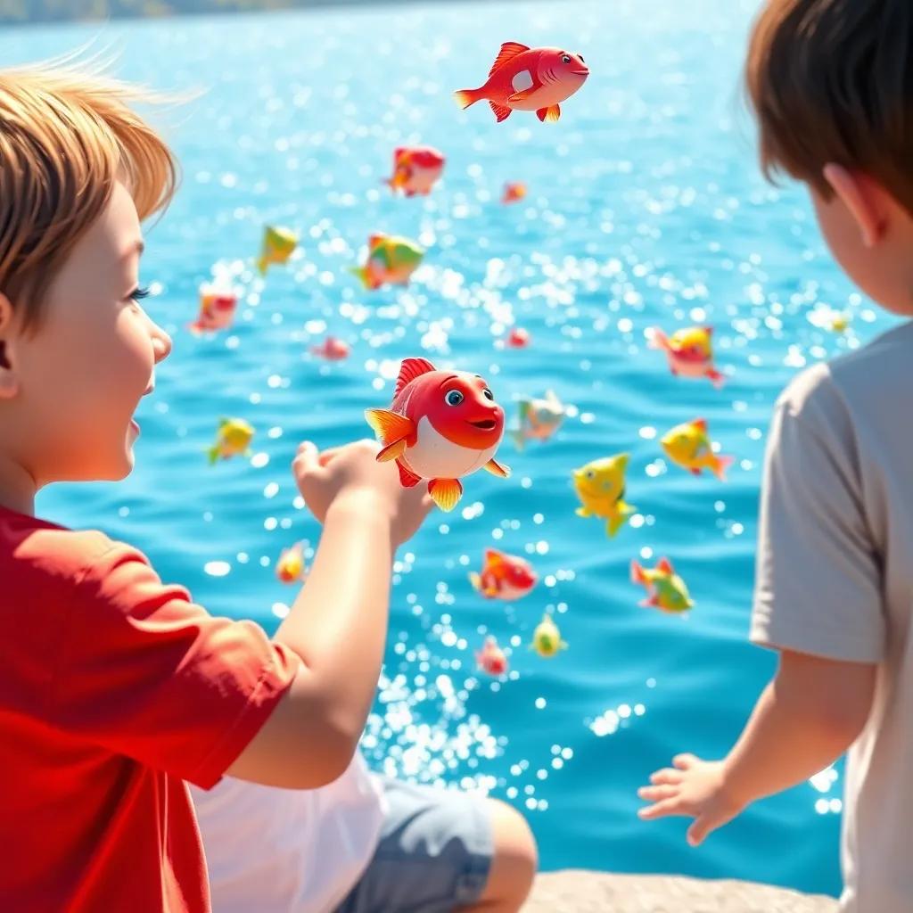 Children by a sparkling blue lake, colorful fish jumping out of water, atmosphere filled with joy and laughter, sunny day, bright colors, adventure vibe, high quality