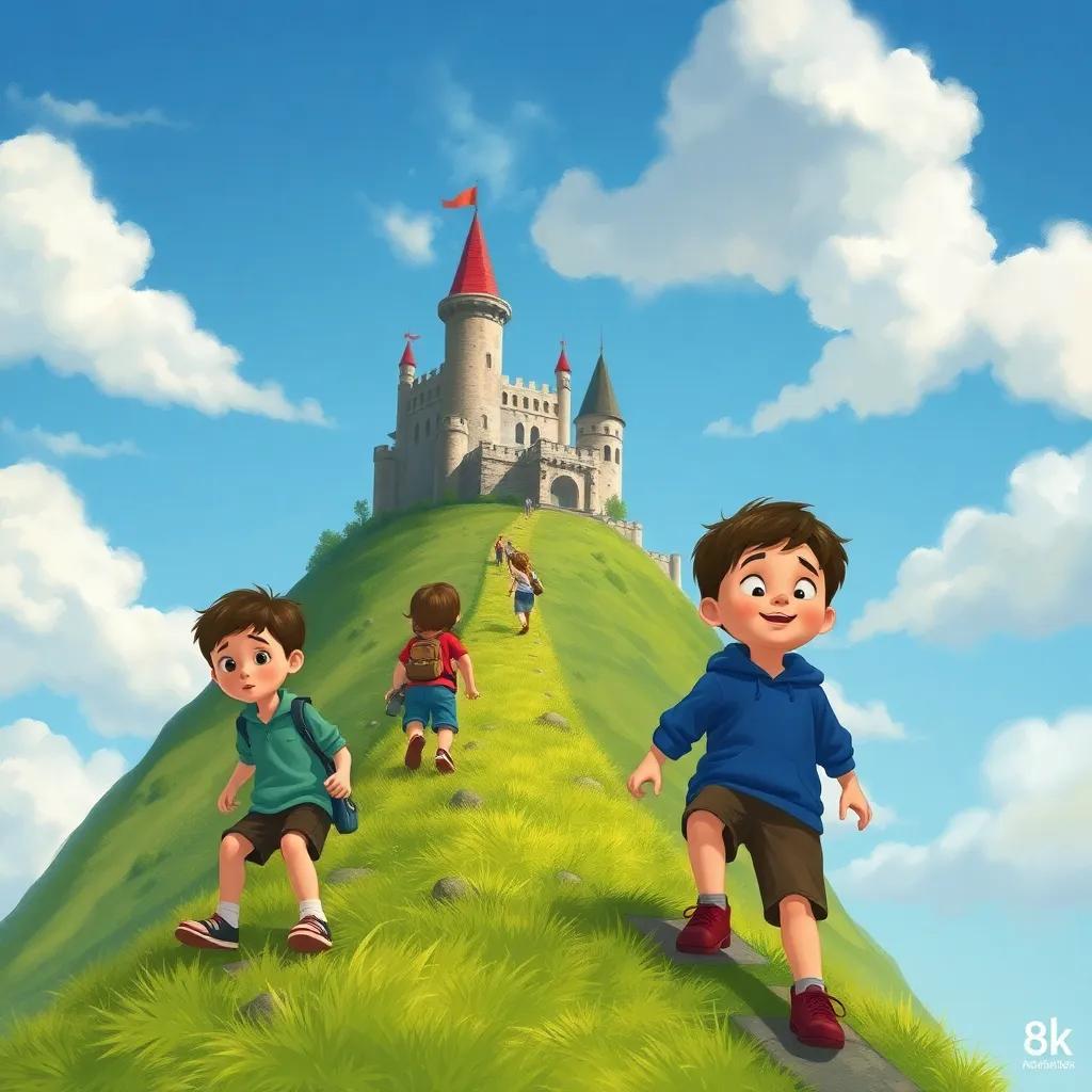 Children climbing up a green hill, reaching an old castle at the top, curious expressions, blue sky and fluffy clouds, adventurous scene, detailed painting, child-friendly
