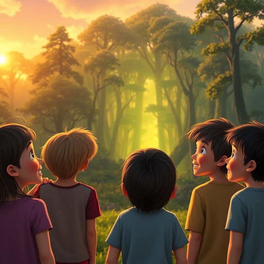 A group of children looking back at the magical forest, smiles on their faces, the forest glowing with mystery, sunset lighting, warm color tones, nostalgic feeling, high quality