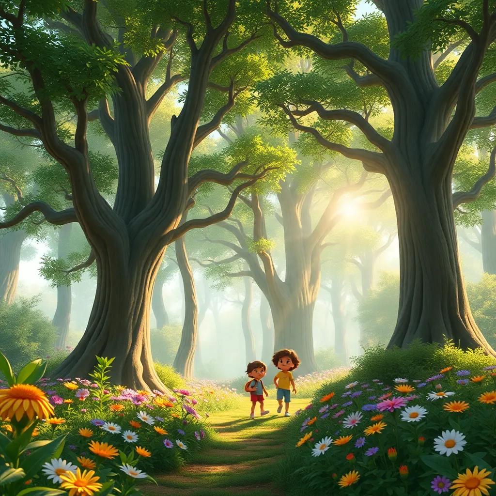 A beautiful, dense forest filled with giant trees and colorful flowers, children exploring with excitement, bright sunlight shining through the branches, digital art, vibrant colors, cheerful atmosphere, high-quality