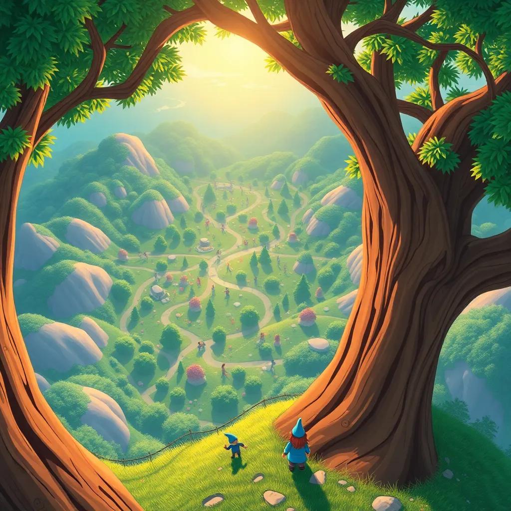 A high viewpoint from a tall tree showing the magical landscape below, many colors dancing under the sun, small blue gnomes playing, illustration, whimsical, child-friendly