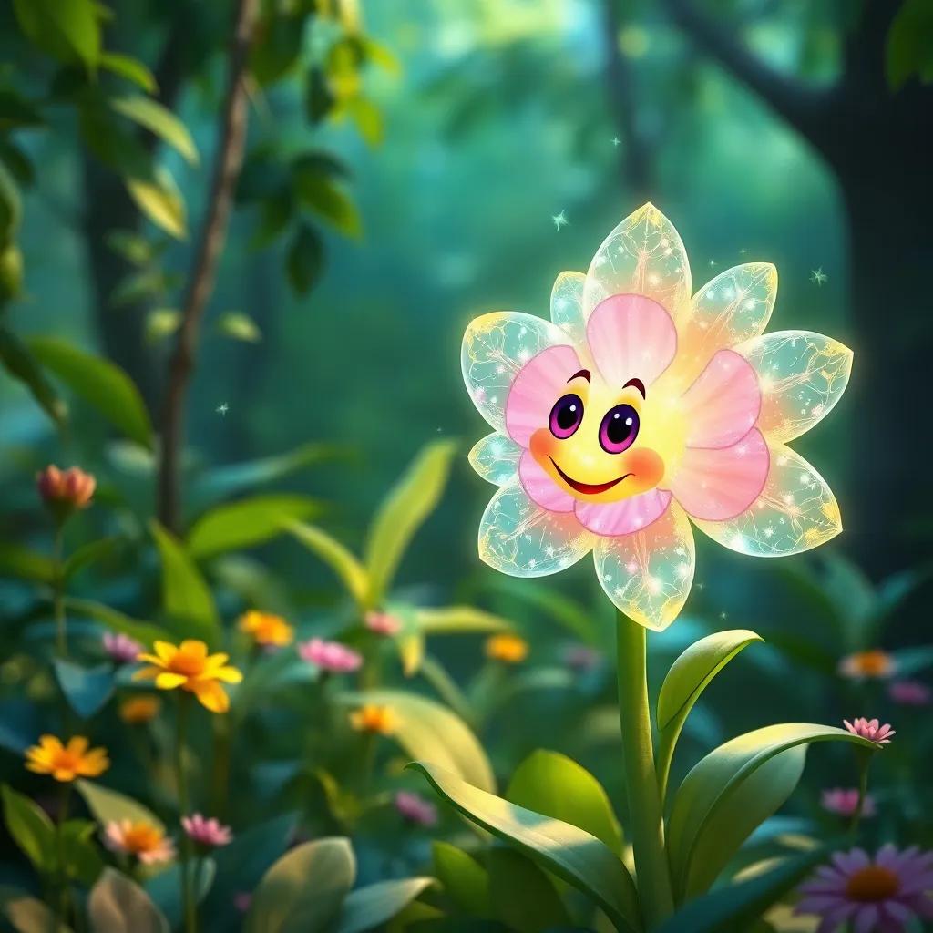 A sparkling flower with a friendly expression, greeting children in a lush green setting, teaching them about nature, colorful, inviting light, storytelling view, fantasy