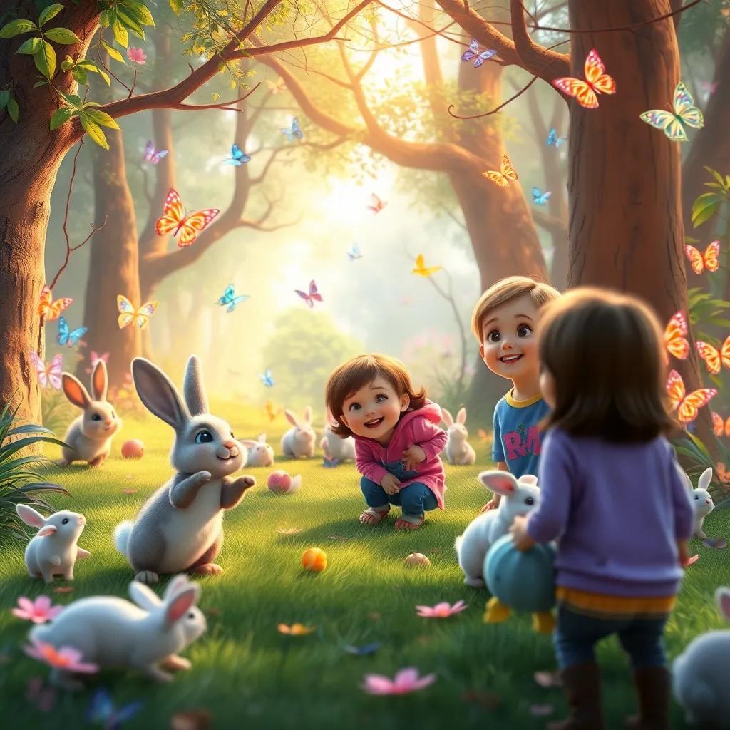 A lively scene in the magical forest with cute rabbits playing and colorful butterflies fluttering, children observing and smiling, warm light, vibrant colors, joyous mood, fantasy
