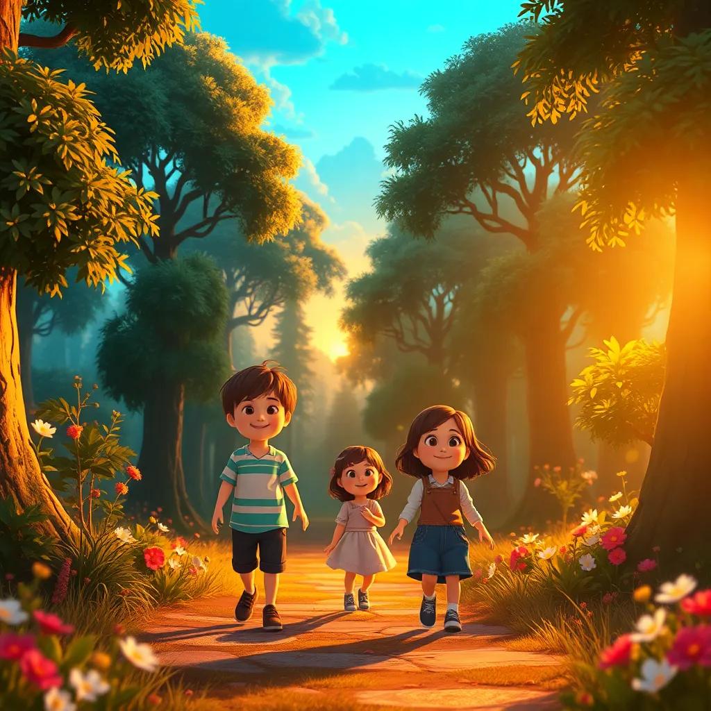 Children leaving the magical forest at sunset, looking happy and inspired, surrounded by trees and flowers, warm light, heartwarming imagery, uplifting scene