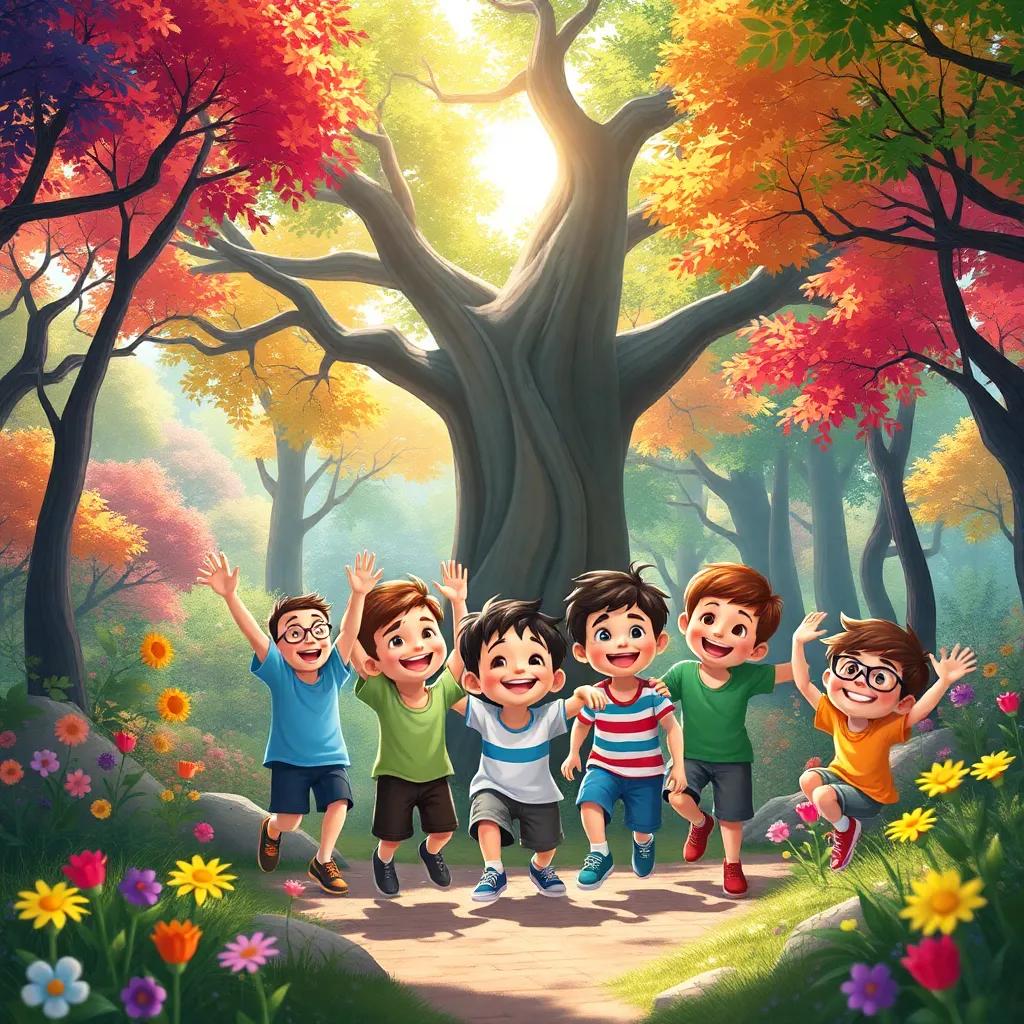 A group of joyful boys playing in a beautiful forest, colorful trees and flowers around them, a big tree in the center, bright sunlight filtering through the leaves, cheerful atmosphere, digital art, vibrant colors, high quality