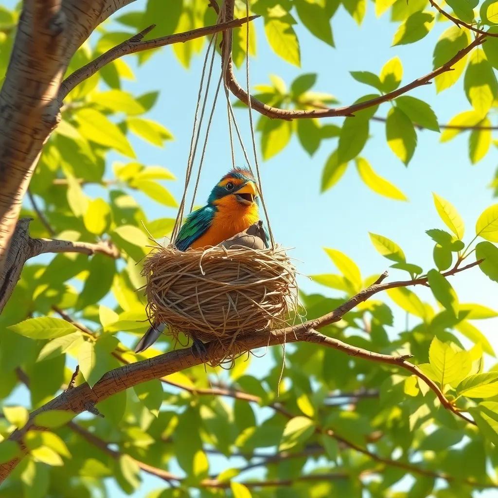 A colorful bird building a nest from strings and branches, perched on a low branch of a tree, surrounded by lush green leaves, sunny day, charming scene, illustration, detailed, inviting