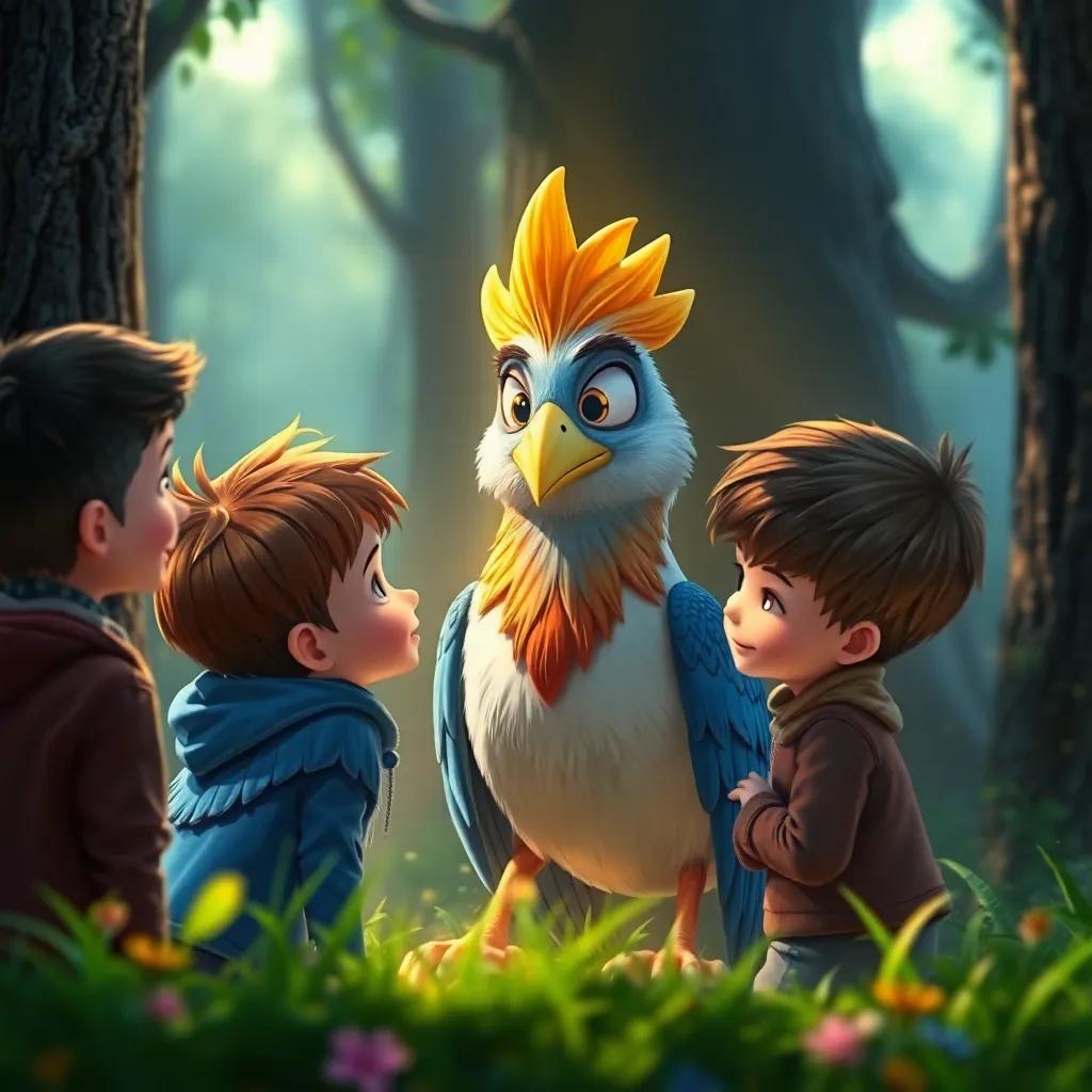 A wise bird talking to the boys, with an expressive face and bright feathers, emphasizing focus and patience, surrounded by a magical forest setting, warm light, enchanting atmosphere, digital painting, high quality