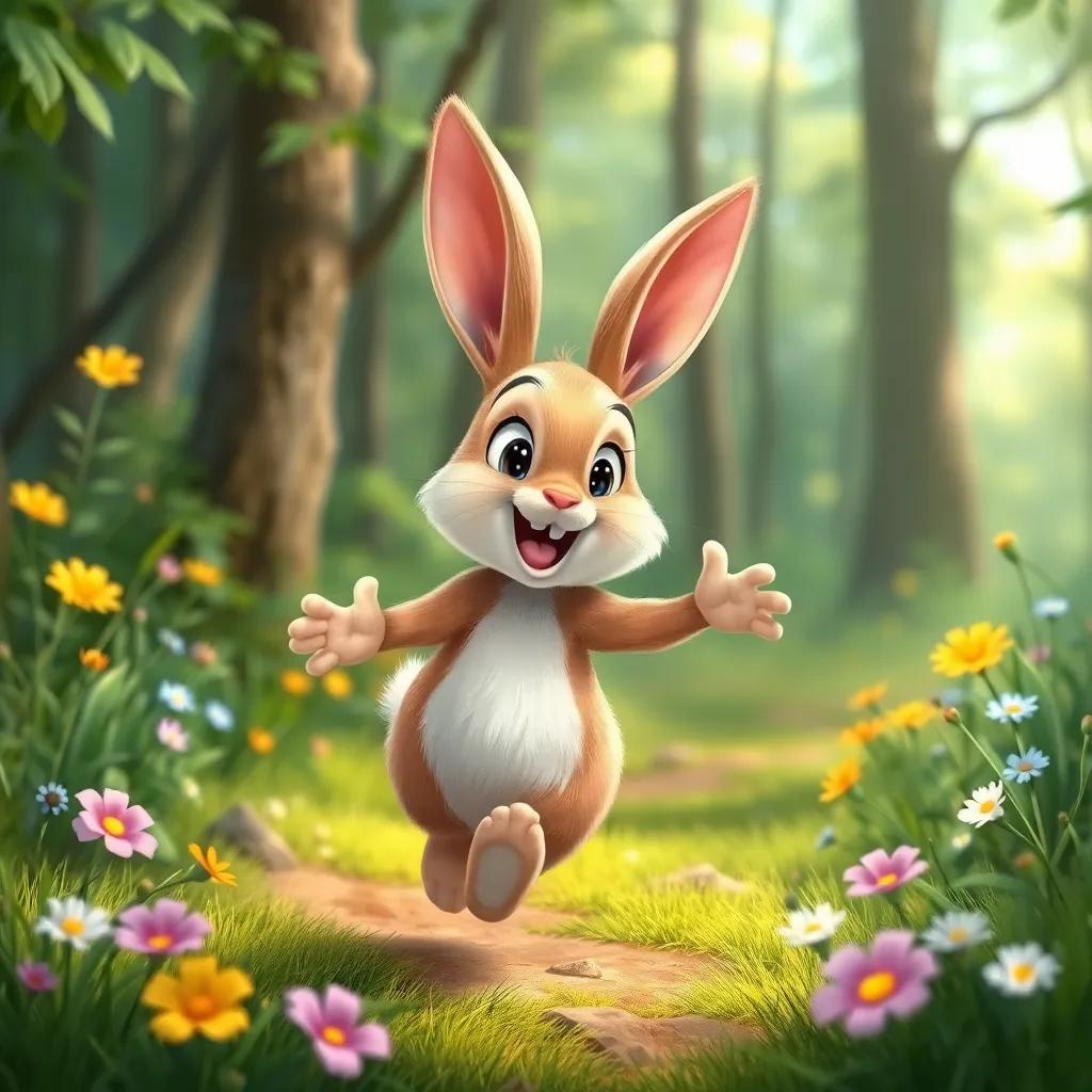 A playful rabbit hopping in the forest, showing excitement, with flowers and grass around, showcasing caution and cleverness, joyful scene, illustration, colorful