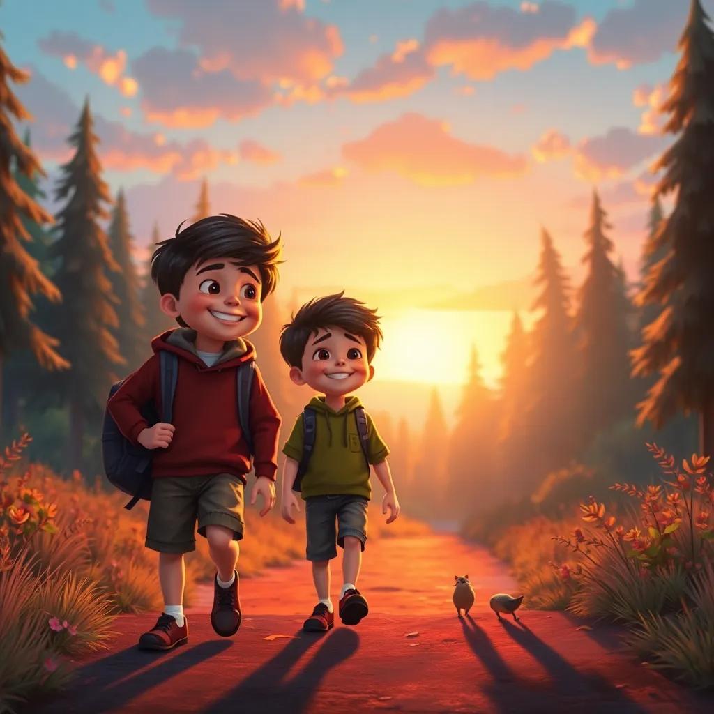 The boys returning home at sunset, with smiles on their faces, reflecting on the day’s adventures, a magical forest background with warm colors, heartwarming vibe, digital art, uplifting imagery