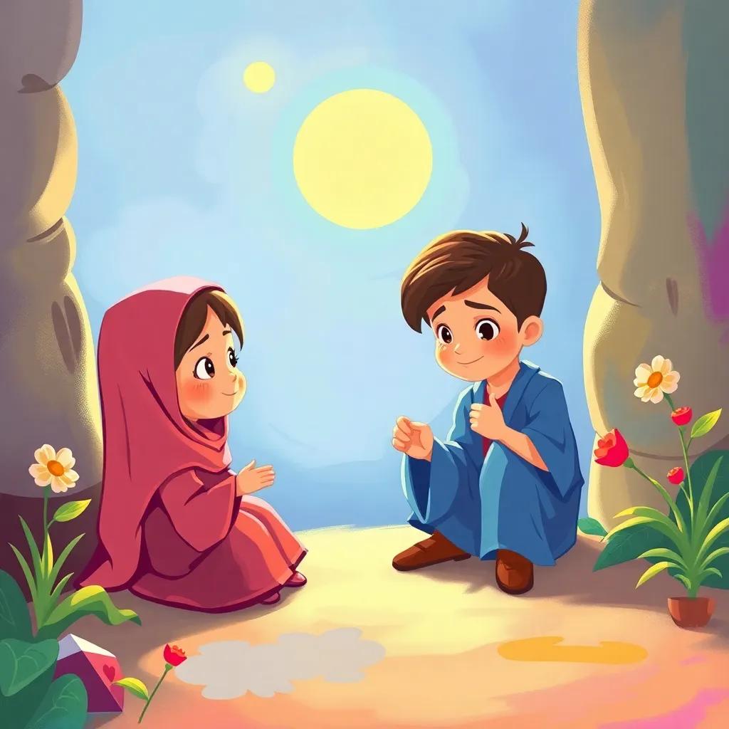 الأطفال يقفون أمام شجرة كبيرة، هنالك عشا مليئًا بالبيض الملون تحت الشجرة، حيوانات صغيرة تراقبهم من بعيد، مشهد حميم، digital painting, bright colors, heartwarming