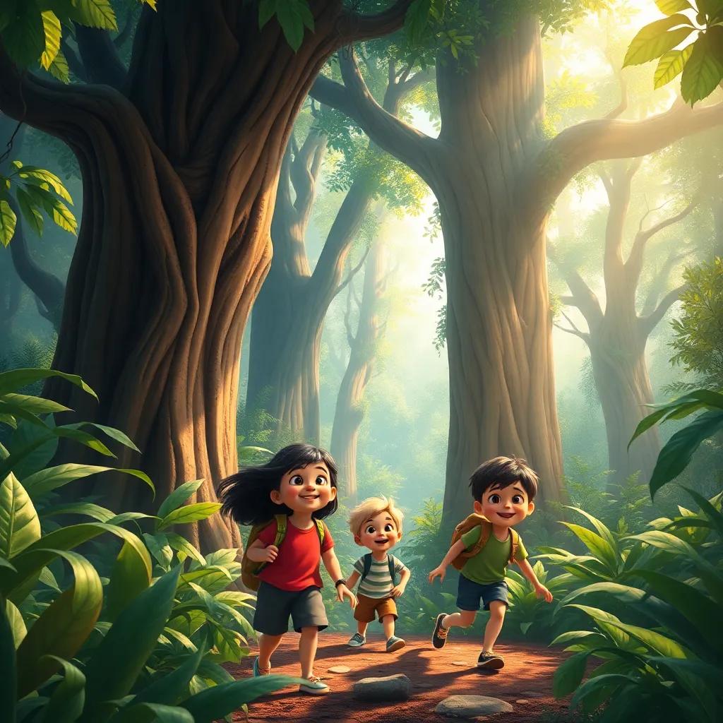 A group of children exploring a mystical jungle filled with large trees, glimmering leaves, and sunlight filtering through, joyful expressions, digital art, vibrant colors, adventure-filled atmosphere, high quality