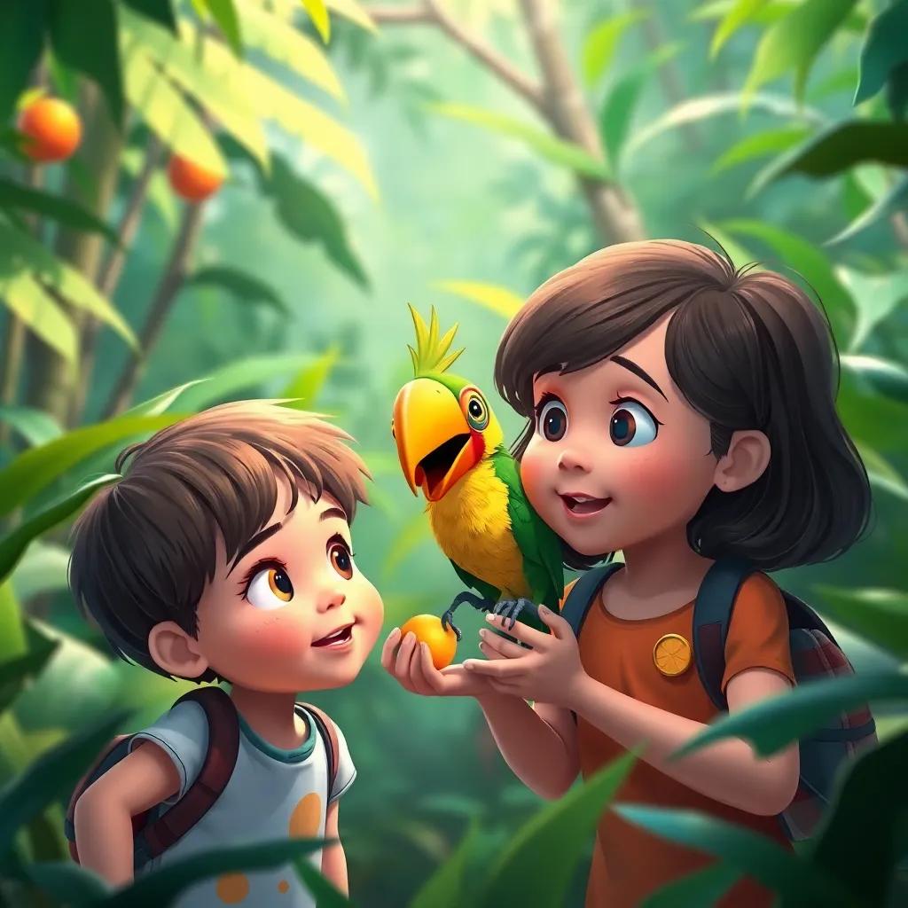Two children discovering a colorful bird eating fruit in the jungle, amazement in their eyes, surrounded by lush greenery, animated style, bright colors, enchanting vibe, high quality