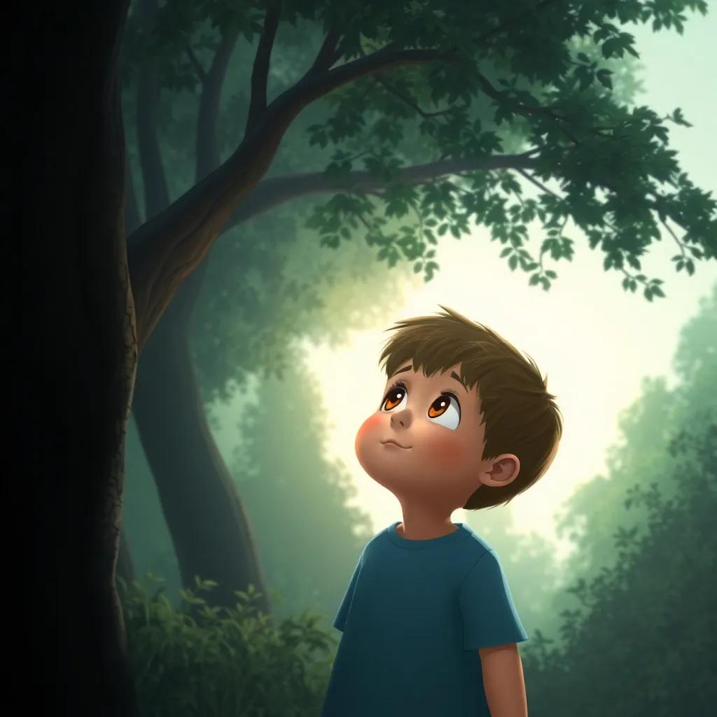 A child listening to a strange whispering sound coming from behind trees, heart racing, curious expression, digital painting, soft light, mysterious atmosphere, high quality