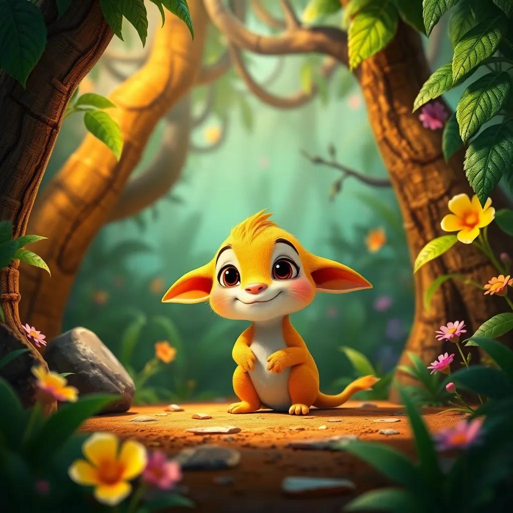 A friendly small creature with long ears asking children for help, surrounded by magical jungle, colorful and bright, whimsical style, high quality