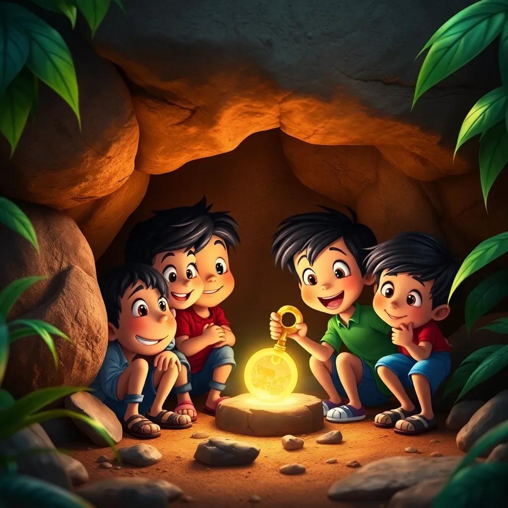 Children finding a shiny key under a large stone in the jungle, expressions of excitement and accomplishment, vibrant colors, storytelling scene, high quality