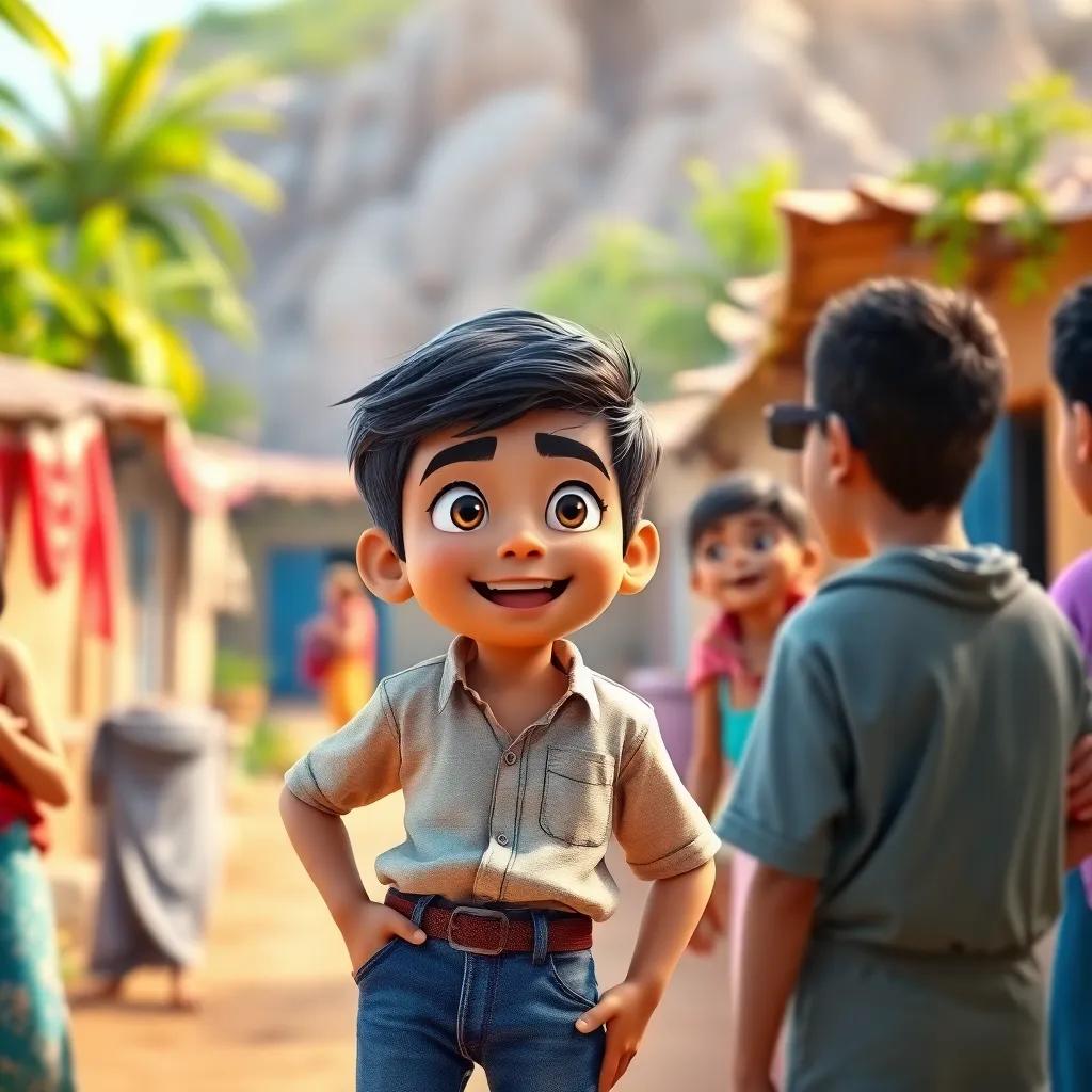 A young Arab boy, Samir, with short black hair, wearing a simple shirt and jeans, looking determined and excited while talking to his friends in a small village, vibrant atmosphere, colorful scenery, joyful expression, digital art