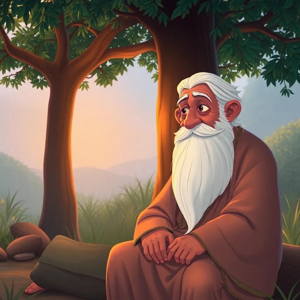 An old wise man, the village sage, with a long white beard, wearing traditional robes, sitting under a tree, sharing wisdom with Samir, tranquil setting, warm lighting, wise eyes, illustration