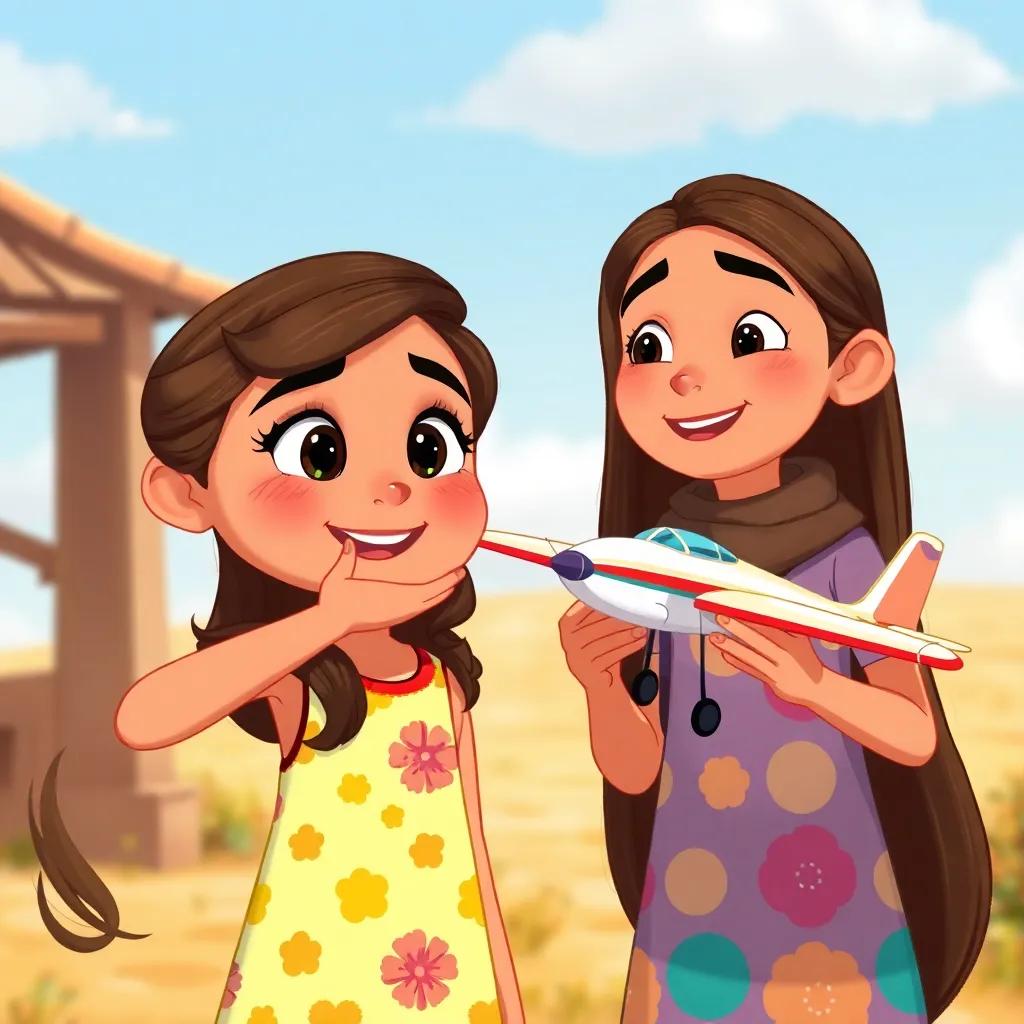 A young Arab girl, Leila, with long brown hair, wearing a colorful dress, encouraging Samir while holding a model airplane that didn't work, cheerful atmosphere, playful expressions, high quality digital drawing