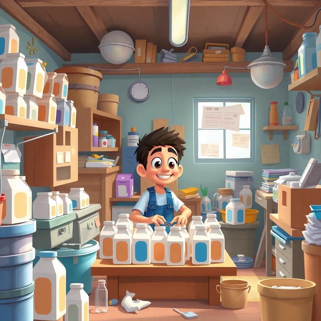 A cluttered workshop, Samir working with milk cartons, showing creative ideas while friends help him, bright and colorful, lively scene, collaboration concept, cartoon-style