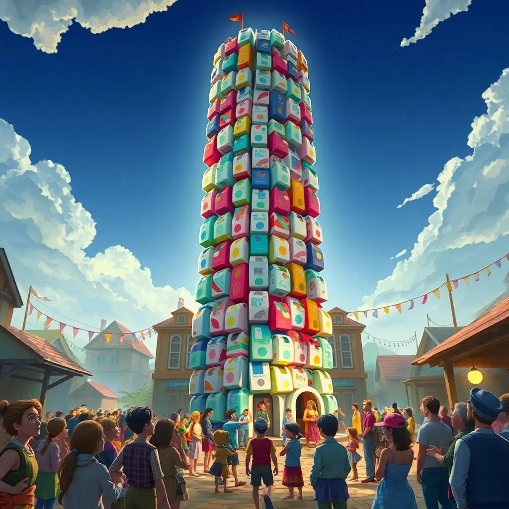 A tall tower made of milk cartons, colorful and inventive, standing proud in the village square, villagers gathering around, amazed expressions, celebratory atmosphere, rich colors, highly detailed illustration