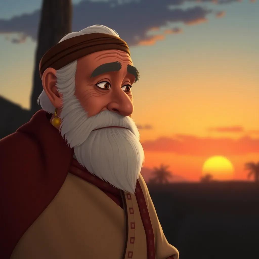 An old man, the village leader, with a dignified presence, wearing a traditional outfit, looking at Samir with admiration and confusion, sunset background, soft lighting, narrative scene, animated style