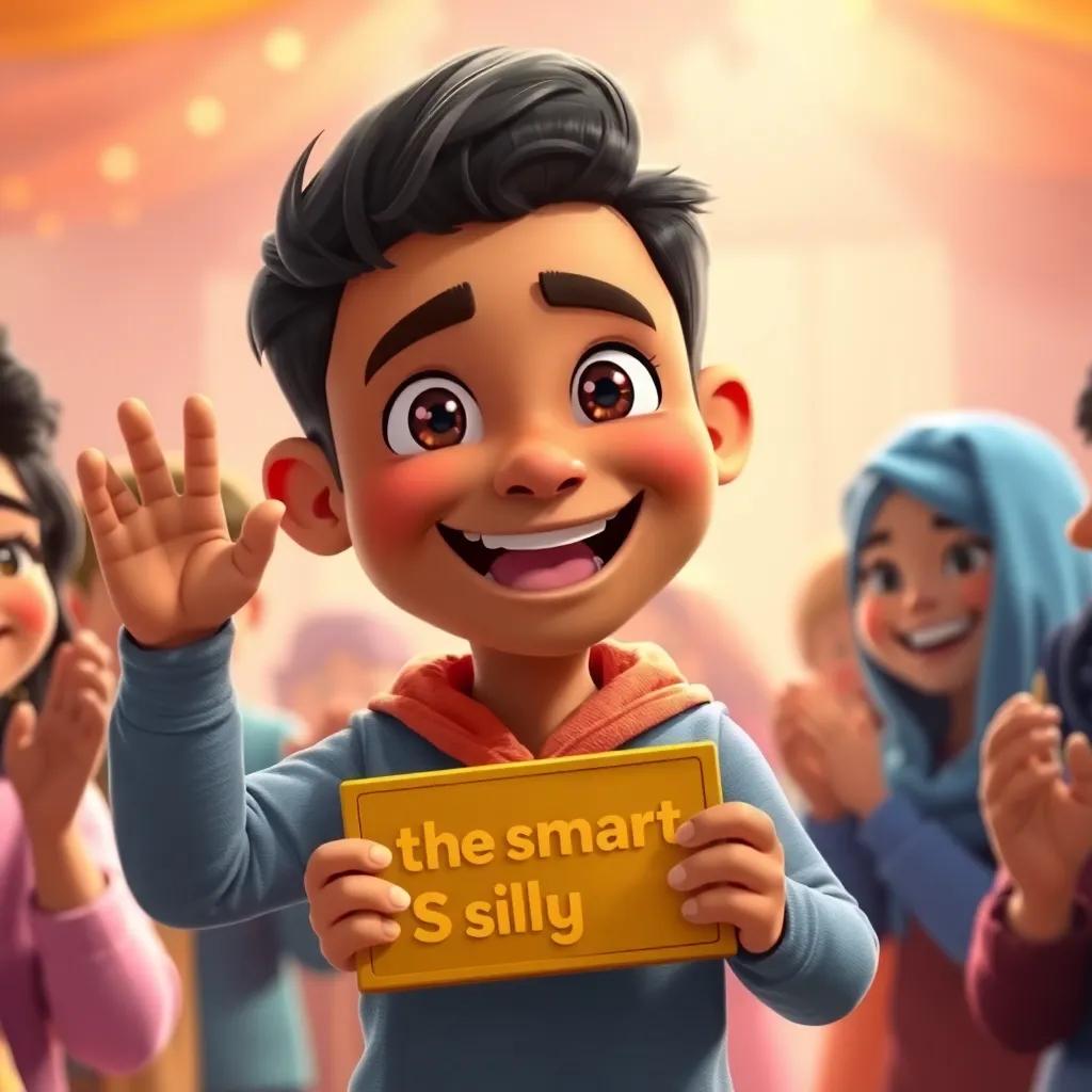 Samir proudly claiming his title as the 'smart silly', with a big smile, surrounded by friends clapping, festive atmosphere, warm colors, realistic depiction, uplifting illustration